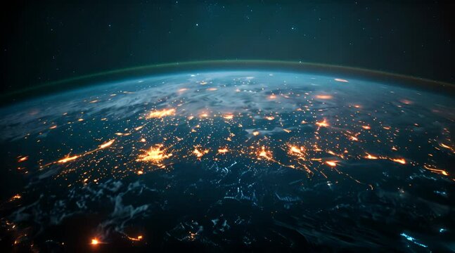 Glowing Earth Network from Space, stunning image of Earth from space, showcasing the interconnected network of lights across continents as night falls, symbolizing global connectivity