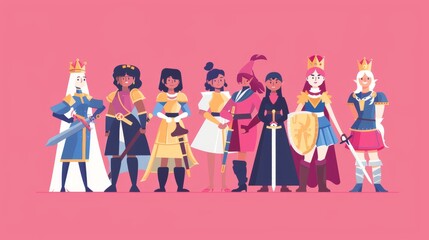 Women from different professions standing under the woman power banner in a flat illustration
