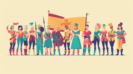 Women in different professions standing under the banner of woman power in a flat illustration