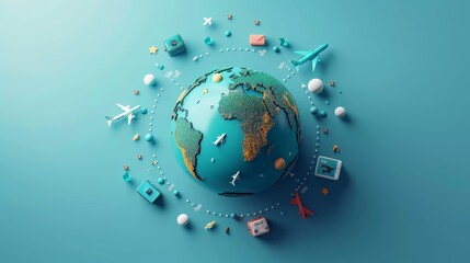 Travel and Tourism: A 3D vector illustration of a globe with travel-related icons like airplanes