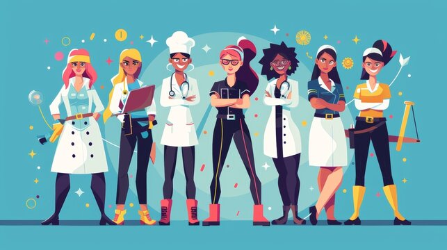 A flat illustration of women standing together from different professions, including a doctor, a firefighter, a construction worker, a chef, and a laywer.