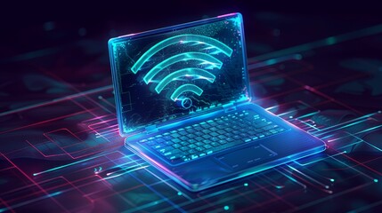 Wireless Technology: A 3D vector illustration of a laptop receiving a strong wireless signal - obrazy, fototapety, plakaty