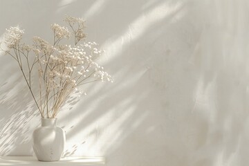 White dried flowers in vase on white shelf against white wall with shadows
