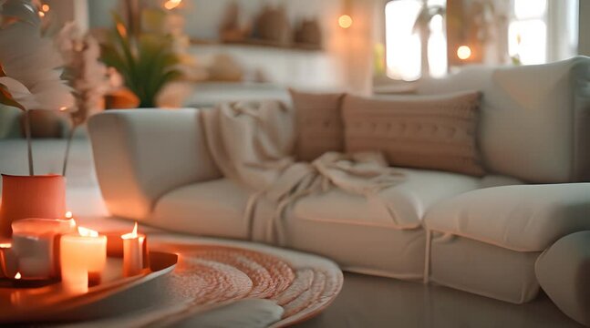 Cozy Home Vignette with Candles and Pampas Grass, intimate corner of a home with lit candles on a woven tray, surrounded by a vase of pampas grass