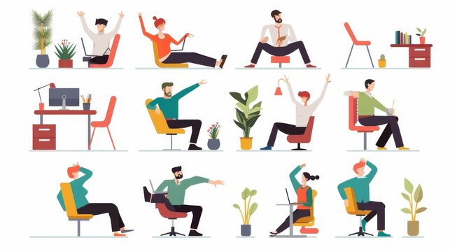 Taking a break from work to stretch and do small exercises with colleagues who work from home or in the office. Flat style modern of office workers taking a break from work and stretching.