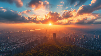 a landscape photography of a sustainable modern city during a sunset.
