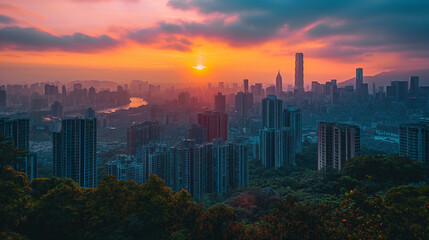 Fototapeta premium a landscape photography of a sustainable modern city during a sunset.