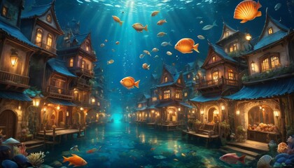 An imaginative depiction of an underwater town with buildings of old-world charm, surrounded by floating fish and a calming blue ambiance.. AI Generation
