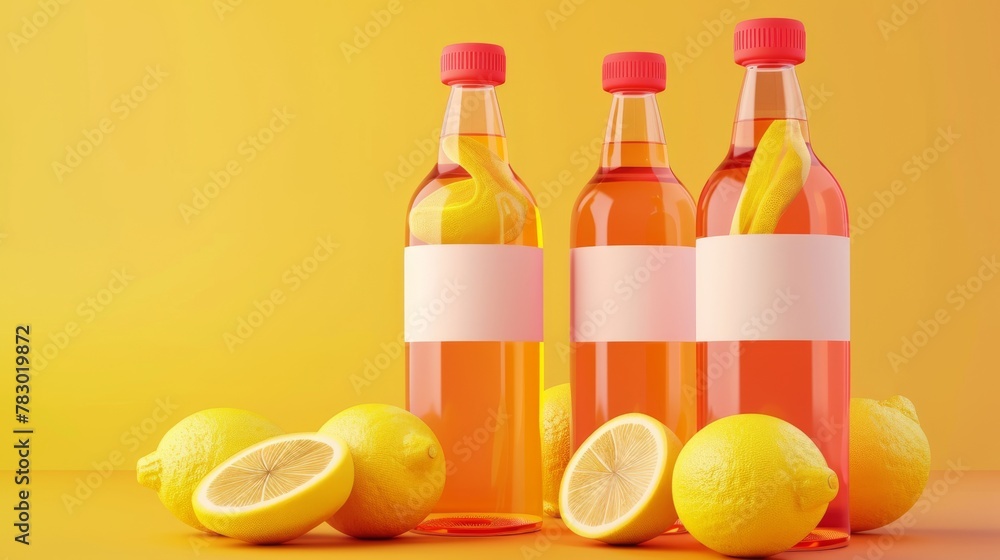 Poster the mockup includes three red cap bottles with branding labels, another with blank labels, and anoth