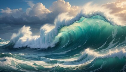 A massive turquoise wave looms, capturing the raw power and beauty of the sea just moments before it breaks.. AI Generation