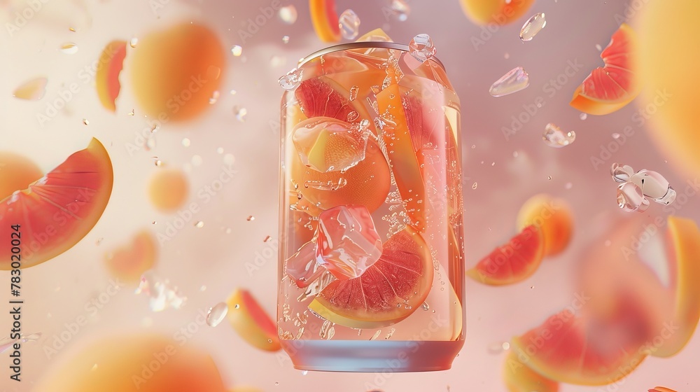Poster ad template for sparkling water with geometric slices of fruit and peaches floating in space.
