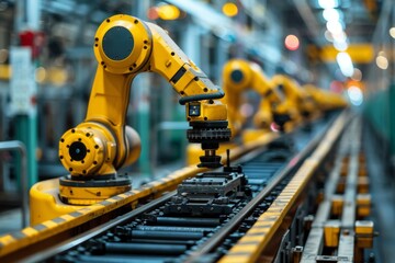 Robotic Arms on a Conveyor Belt in a Factory