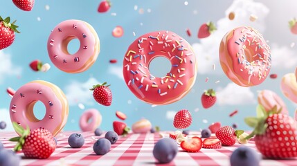 In 3D and papercut style, strawberry frosted doughnuts fall on picnic plaid with blueberries and strawberries in park.