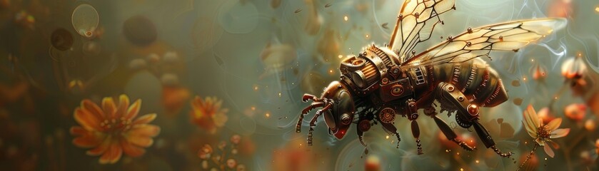 Steampunk bee with mechanical wings collecting nectar from industrial flowers