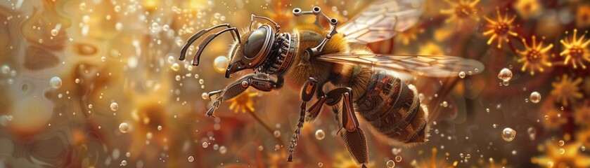 Steampunk bee with mechanical wings collecting nectar from industrial flowers