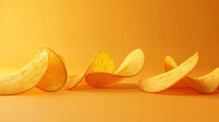 Isolated on a light orange background, some fresh potato chips are in a row and some are placed at different angles.