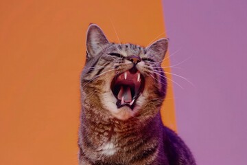 Beautiful cat yawns on a colored background,  Studio shot - obrazy, fototapety, plakaty