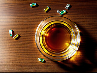 A glass of tea with pills on the table next to it.