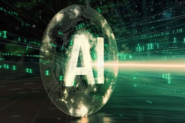 The abbreviation "AI" constructed from digital code, displayed on a holographic interface with a futuristic theme.