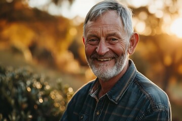 Portrait of a smiling senior man standing in a garden at sunset