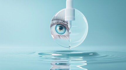 This eye drop ad template shows a 3D illustration of an eye drop bottle falling away from a round glass disc in the water. Suitable for products that moisturize and restore brightness to the eyes. - obrazy, fototapety, plakaty
