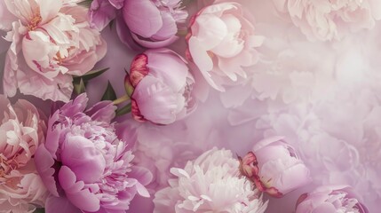 Vibrant Peony Flowers Blooming on Purple Background with Copy Space, Beautiful Floral Scene for Text and Designatterns