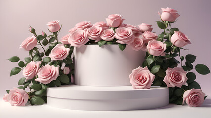 Fresh pink roses with green leaves on white podium,