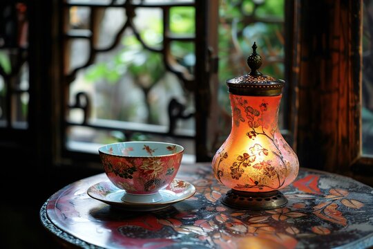 Lantern and cup of coffee on the table, stock photo