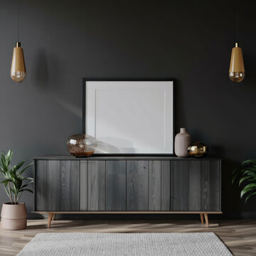3D rendering of a living room interior, with a mockup frame on a cabinet against an empty dark wall. The cabinet is modern and minimalistic, with sleek lines and a glass door that showcases the organ