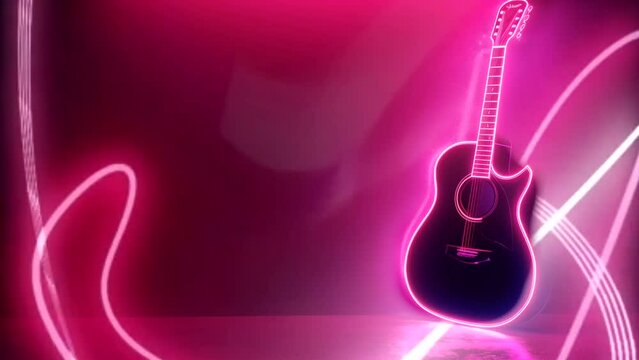 World music day concept, acoustic guitar with colorful neon lighting. seamless looping 4k time-lapse animation video background