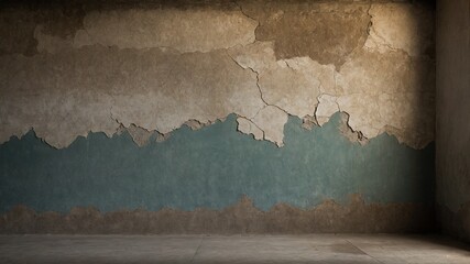 Wall, showing signs of age, wear, captured in state of decay where upper layer of paint peels away to reveal vibrant teal color beneath. Texture of crumbling paint creates abstract pattern.