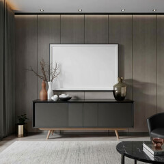 3D rendering of a living room interior, with a mockup frame on a cabinet against an empty dark wall. The cabinet is modern and minimalistic, with sleek lines and a glass door that showcases the organ