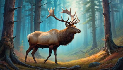 A regal elk stands bathed in a mystical light within a serene, ancient forest, a tableau of nature's nobility and grace.. AI Generation - obrazy, fototapety, plakaty