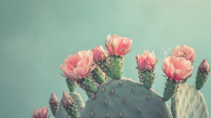 Vibrant pink flowers blooming on a cactus plant against a vivid turquoise background in a nature...