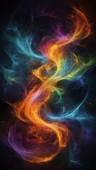 Fototapeta premium Vibrant, dynamic swirl of colors resembling cosmic phenomenon dominates image, with hues of blue, purple, orange, yellow intertwining in dance of light.