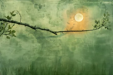 Zelfklevend Fotobehang Tree branch on grunge background with full moon and green grass © Nam