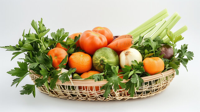 Assorted fresh vegetables and fruits in a wicker basket, showcasing a variety of vibrant colors and textures with a focus on healthy eating. This image is filled with natural produce including tomato