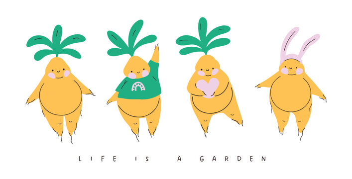 Funny Mandragora or Mandrake root set. Cute kids illustration, isolated t-shirt design. Life is a garden sign. Spring, summer plants, green lifestyle. Fantastic creature