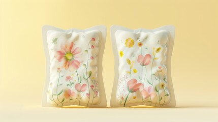 The two sanitary pads packages feature floral illustrations on the pack on a light yellow background.