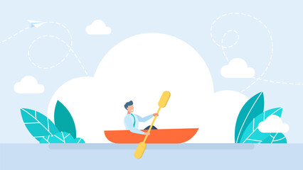 Obraz na płótnie Canvas A businessman rowing in the boat in the sea. Male office boss travel swim labor ocean sea water kayak canoe vessel ship white text space background. Vector illustration