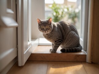 Feline creature, adorned with coat of stripes, perches on doorstep made of wood. Creatures gaze, fixed, intent, captures attention of any viewer. Sunlight, filtering through open door.