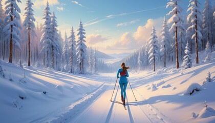 A lone cross-country skier traverses a snow-covered path through a tranquil pine forest bathed in...