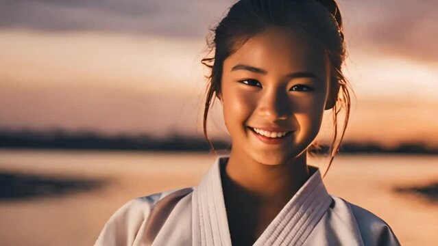 A young girl at Judo or Karate training lesson looking at camera