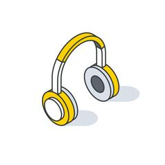 Pair of yellow and white headphones as audio equipment on white background