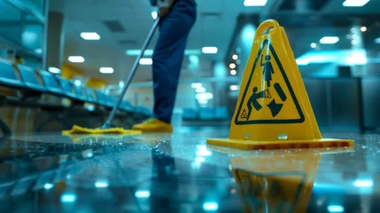 Rolgordijnen Janitor Cleaning a Shiny Floor © MP Studio