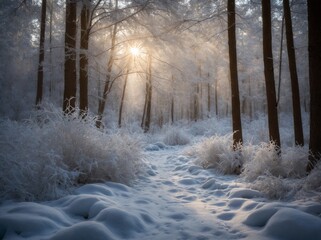 Sunlight pierces through dense forest, casting warm glow that illuminates icy landscape. Frozen ground blanketed in snow, with each flake glistening like jewel under radiant beams of light.