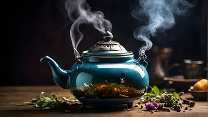 A teapot releasing aromatic steam as it brews fragrant herbal tea - obrazy, fototapety, plakaty
