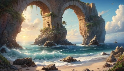 An idyllic coastal scene depicts a monumental stone archway on a cliff, enveloping a serene beach with waves gently lapping at the shore, conveying a sense of timeless beauty and natural grandeur.. AI
