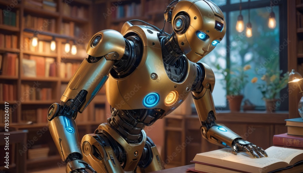 Poster a golden humanoid robot attentively reads a book in a cozy, lamp-lit library, symbolizing the inters
