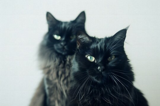 Two black cat with green eyes on a white background,  Close-up